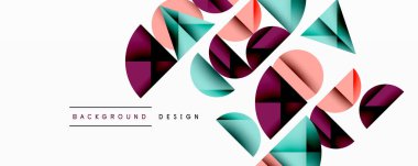 Soyut geometrik şekiller örtüşür, canlı modern tasarım yaratır. Renkler arasında pembe, deniz mavisi, bordo, beyaz. Minimalist estetik.