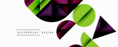 Soyut geometrik şekiller çakışıyor. Yeşil, mor renkler beyaz alana hükmediyor. Modern tasarım elementleri dinamik bileşim oluşturur.