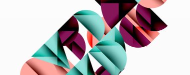 Soyut geometrik şekiller örtüşür, dinamik bileşim yaratır. Teal, erik, şeftali rengi beyaz arkaplana hakim. Modern tasarım.