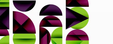 Soyut geometrik bileşim. Şekiller örtüşüyor, dinamik görsel ritim yaratıyor. Mor, yeşil renkler tasarımda baskın. Minimalist stil.