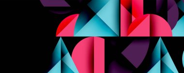 Soyut geometrik şekiller, canlı renkler, modern tasarım. Bileşim üçgenleri, kıvrımları, üst üste binen formları içerir. Kalın görsel etki.