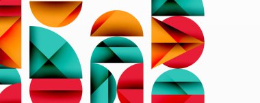 Soyut geometrik bileşim. Şekiller örtüşüyor, dinamik görsel ritim yaratıyor. Renkler arasında turuncu, deniz mavisi, kırmızı, beyaz vardır. Modern tasarım.