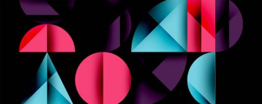 Soyut geometrik şekiller aşk kelimesini oluşturur. Canlı renkler, gradyanlar modern tasarım yaratır. Minimalist biçim ve koyu arkaplan karşıtlığı artırır.