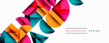 Soyut geometrik şekiller örtüşür, canlı renkli kompozisyon oluşturur. Modern tasarım elementleri dinamik görsel deneyim önerir.