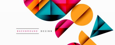Soyut geometrik şekiller örtüşür, canlı renkli tasarım yaratır. Beyaz arka plan dinamik bileşimi vurgular. Modern estetik.
