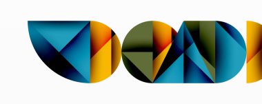 Soyut geometrik şekiller renkli harfler oluşturur. Mavi, turuncu, yeşil renkler kompozisyona hakim. Minimalist tasarım, temiz çizgiler modern estetik sunar.