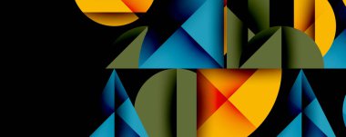 Soyut geometrik şekiller örtüşür, canlı renkli kompozisyon oluşturur. Kalın tasarım üçgenler, kıvrımlar ve sıcak serin tonlar kullanır.