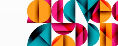 Soyut geometrik şekiller renkli metinler oluşturur. Parlak renkler dinamik görsel etki yaratır. Modern tasarım, temiz çizgiler, cesur sunum.