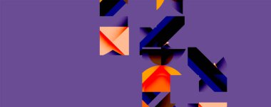 Soyut geometrik şekiller mor arkaplanla örtüşür. Turuncu aksanlar kontrastı sağlar, dinamik kompozisyon yaratır. Modern tasarım ögeleri görünür.