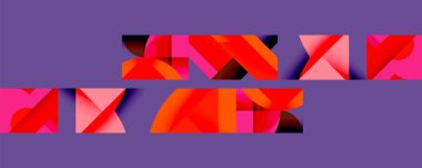 Soyut geometrik şekiller mor arkaplanla örtüşür. Kırmızı, pembe renkler dinamik kompozisyon yaratır. Modern tasarım ögesi.