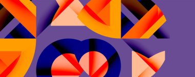 Soyut geometrik şekiller örtüşür ve canlı bir bileşim yaratır. Turuncu, mavi, mor renkler tasarımda baskın. Modern, eğlenceli estetik..