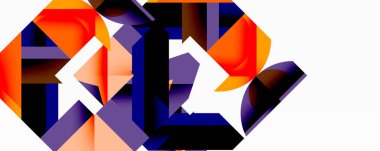 Soyut geometrik şekiller örtüşür, dinamik bileşim yaratır. Turuncu, mor, siyah beyaz arkaplan. Modern tasarım elemanları.