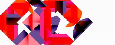 Soyut geometrik şekiller, kırmızı mor renkler, dinamik kompozisyon. Minimalist tasarım, modern sanat tarzı, keskin açılar sunar.