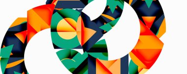 Soyut geometrik bileşim. Şekiller çakışıyor, dinamik görsel etki yaratıyor. Renkler turuncu, deniz mavisi, deniz mavisi, sarı, beyaz. Modern tasarım.