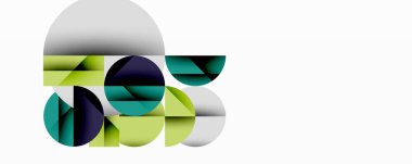 Üst üste binen daireler, gradyanlar içeren soyut kompozisyon. Yeşiller, maviler, beyazlar modern görsel efektler yaratır. Minimalist tasarım.