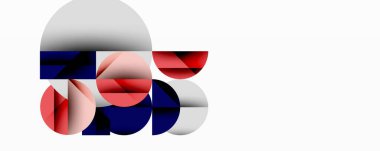 Soyut geometrik bileşim. Üst üste binen daireler, kırmızı, mavi, gri renkler modern görsel etki yaratır. Minimalist tasarım, temiz çizgiler.