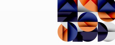 Soyut geometrik bileşim. Şekiller örtüşüyor, dinamik görsel ilgi yaratıyor. Turuncu, donanma ve gümüş renkler dizaynın hakimi..