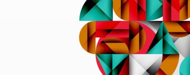 Soyut geometrik şekiller, canlı renkler, modern tasarım. Bileşik üçgenler, dikdörtgenler, üst üste binen formlar. Temiz estetik, minimalist stil.