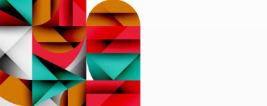 Soyut geometrik şekiller, canlı renkler, modern tasarım. Bileşik özellikler üst üste binen üçgenler, dikdörtgenler, eğriler. Minimalist estetik, temiz çizgiler..