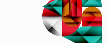 Soyut geometrik şekiller dinamik bileşim oluşturur. Kırmızı, deniz mavisi, kahverengi renkler beyaz arkaplana hakim. Modern tasarım ögesi.