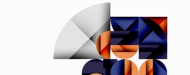 Soyut geometrik bileşim. Şekiller örtüşüyor, dinamik görsel ilgi yaratıyor. Renkler arasında mavi, turuncu, gri var. Minimalist tasarım.