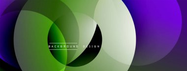 Soyut daireler örtüşüyor, canlı yeşil, mor renkler yaratıyor. Modern tasarım düz gradyanlar, dinamik kompozisyon içerir.