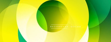 Soyut sarı, yeşil katmanlar dinamik bir zemin oluşturur. Üst üste binen daireler hareketi, modern tasarım estetiğini öneriyor.