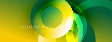 Soyut sarı, yeşil gradyanlar üst üste binen daireler oluşturur. Sancaklar, arkaplanlar ve sunumlar için modern tasarım ögesi uygun. Basit, temiz estetik..