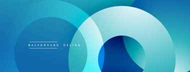 Soyut mavi arkaplan. Üst üste binen daireler dinamik görsel efekt yaratır. Modern tasarım elementleri pürüzsüz eğimler sunar.