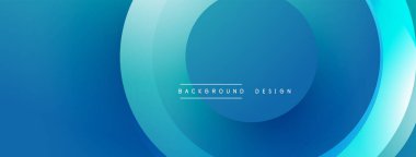 Soyut mavi katmanlar dinamik arkaplan oluşturur. Dairesel şekiller üst üste binerek modern tasarım elementini oluşturur. Gradyan gölgeler görsel derinliği artırır.