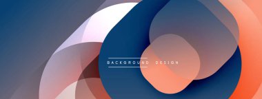 Soyut sıvı şekilleri üst üste binerek dinamik bileşim oluşturur. Renkler, maviler, portakallar, griler. Modern tasarım enerjik ve pürüzsüz hissettiriyor..