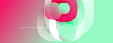 Soyut geometrik şekiller çakışıyor. Pembe, yeşil gradyanlar modern arkaplan yaratır. Metin elementleri görünür olan minimalist tasarım.