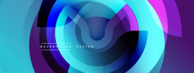 Soyut tasarım katmanlı daireler, canlı renkler içerir. Mavi, mor, turkuaz dinamik görsel efekt yaratır. Modern, şık arkaplan.