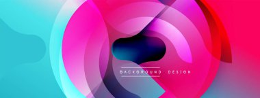 Soyut renkli katmanlar dinamik görsel efekt yaratır. Çemberler örtüşüyor, karıştırıcı turkuaz, pembe, mor renkler. Modern tasarım ögesi.