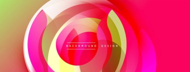 Soyut dairesel katmanlar canlı bir değişim etkisi yaratır. Modern tasarım pembe, sarı ve yeşil renklere sahiptir. Minimalist metin mevcut.