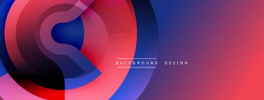 Soyut tasarım, üst üste binen daireler, canlı kırmızı, mavi gradyanlar. Modern estetik, uygun afiş veya arkaplan ögesi.