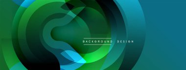 Soyut tasarım özellikleri üst üste binen daireler, gradyanlar. Teal, yeşil renkler kompozisyona hakim. Metin arka plan tasarımı okur. Modern estetik.