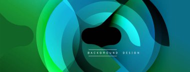 Soyut katmanlar dinamik bileşim yaratır. Yeşil, mavi renkler karışıyor, dairesel desenler oluşturuyor. Arka planlar için modern tasarım ögesi.