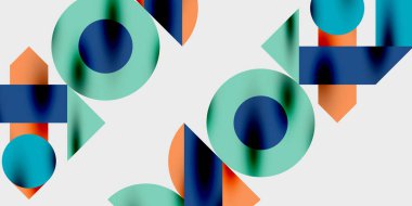 Soyut geometrik şekiller örtüşür, canlı renk karışımları yaratır. Turkuaz, turuncu, donanma egemen kompozisyonu. Minimalist tasarım.