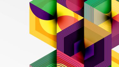 Soyut geometrik bileşim. Canlı renkler kesişiyor, dinamik görsel doku oluşturuyor. Şekiller örtüşüyor, karmaşık desenler oluşturuyor. Modern tasarım elemanları.