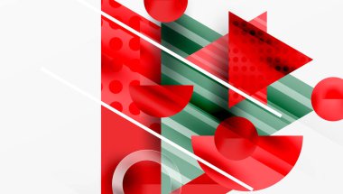 Soyut geometrik bileşim. Kırmızı, yeşil şekiller kesişiyor. Çizgiler daireler, üçgenler kesişiyor. Modern tasarım elementleri. Minimalist estetik.