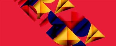 Soyut geometrik şekiller örtüşür, dinamik bileşim yaratır. Sarı, mavi, kırmızı renkler canlı arkaplana hakim. Modern tasarım.