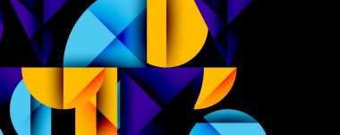 Soyut geometrik şekiller harfleri oluşturur. Canlı maviler, morlar, portakallar dinamik kompozisyon oluşturur. Modern tasarım, kalın renkler, sanatsal ifade.