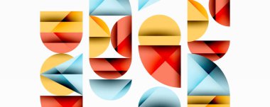 Soyut geometrik şekiller örtüşür, renkli kompozisyon oluşturur. Sıcak tonlar serin renklere karşıdır. Minimalist tasarım, modern estetik.