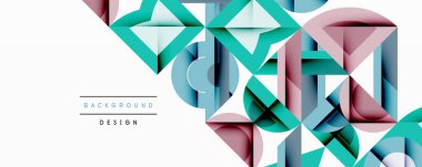 Soyut geometrik şekiller üst üste binerek katmanlı görsel efekt yaratır. Teal, pembe, gri tonlar kompozisyona hakim. Minimalist tasarım, modern estetik.