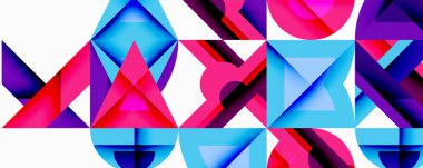 Soyut geometrik şekiller, canlı renkler, modern tasarım. Üçgenler, kareler, daireler kesişiyor ve dinamik bileşim oluşturuyorlar..