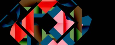 Soyut geometrik bileşim. Şekiller çakışıyor, dinamik görsel etki yaratıyor. Kırmızı, mavi, pembe baskın tasarım. Karmaşık etkileşim biçimleri ilgi çekici desen.