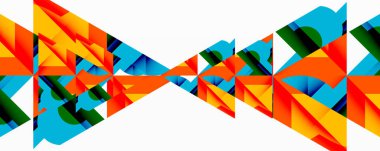 Soyut geometrik şekiller dinamik bileşim yaratır. Parlak renkler, üçgenler dizaynda baskın, hareket ve enerji öneriyor.