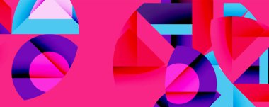 Soyut geometrik bileşim. Canlı renkler, şekiller örtüşüyor dinamik görsel deneyimler yaratıyor. Pembe arka planda baskın.