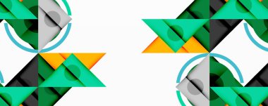 Geometrik desen tekrarlayan üçgenler, daireler, kareler içerir. Yeşil, turuncu, gri renkler modern tasarım yaratır. Minimalist estetik.